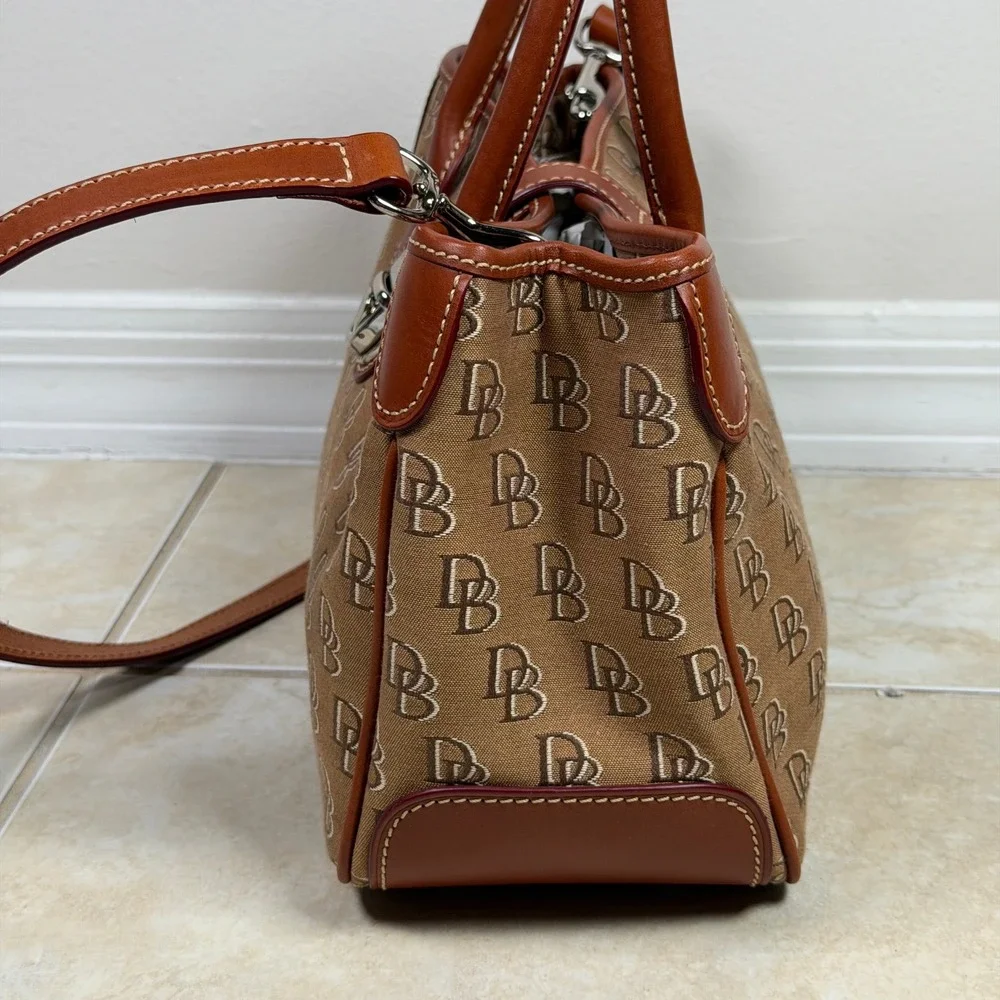 Dooney & Bourke Brown DB Monogram Canvas Leather Satchel Tote Bag Medium